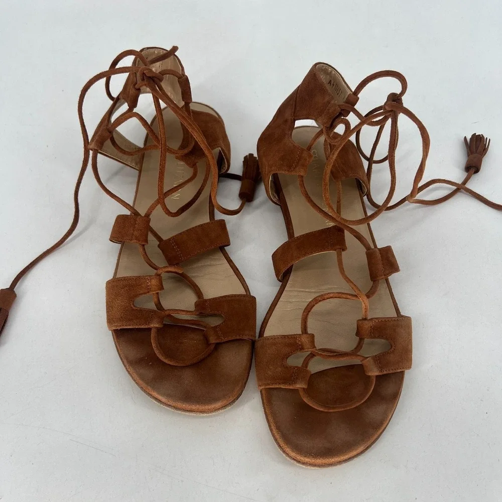 Stuart Weitzman Suede Roman Gladiator Flat Tie Womens 7.5 Brown